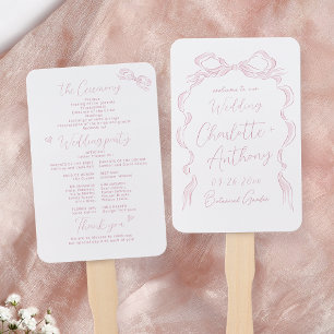 Elegant Pastel Pink Hand Drawn Bow Wedding Program Fan