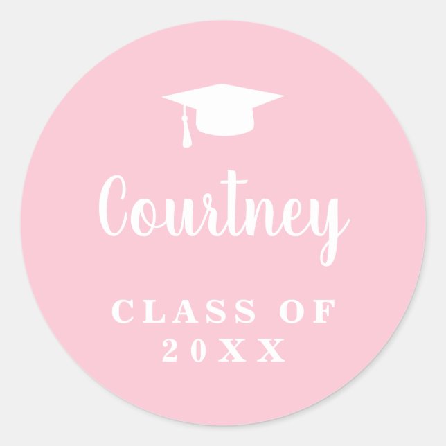 Elegant Pastel Pink Script Name Graduation Cap Classic Round Sticker (Front)