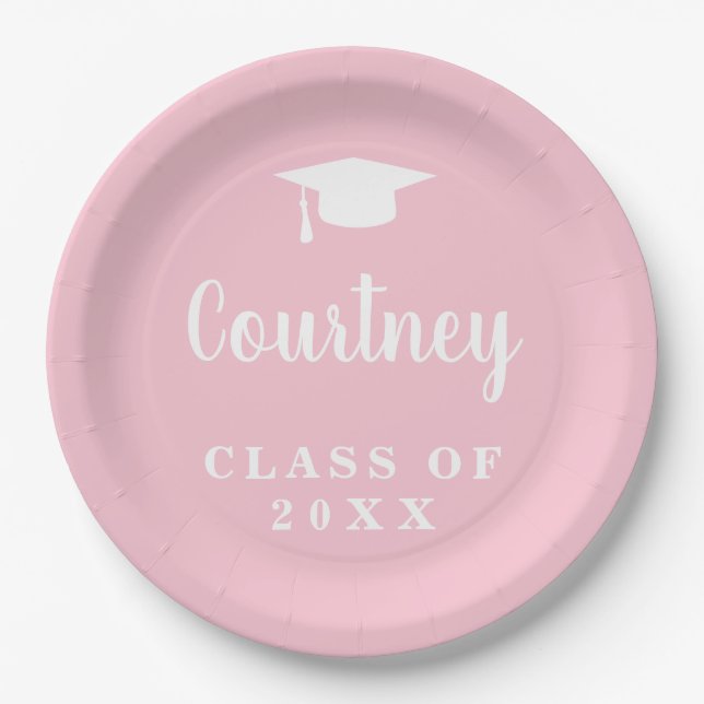 Elegant Pastel Pink Script Name Graduation Cap Paper Plate (Front)