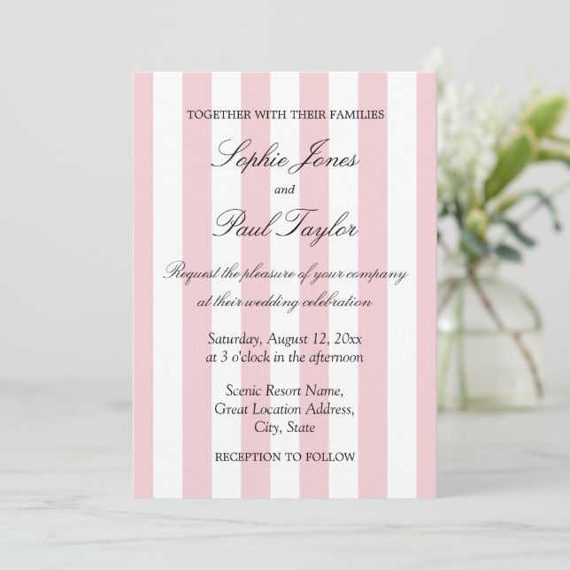 Elegant Pastel Pink Stripes Wedding Invitation (Standing Front)
