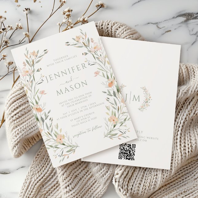Elegant Pastel Pink Wildflower Greenery Wedding QR Invitation (Creator Uploaded)