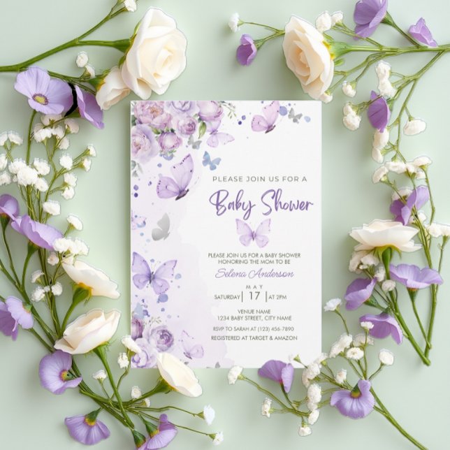 Elegant Pastel Purple Floral Butterfly Baby Shower Invitation (Creator Uploaded)