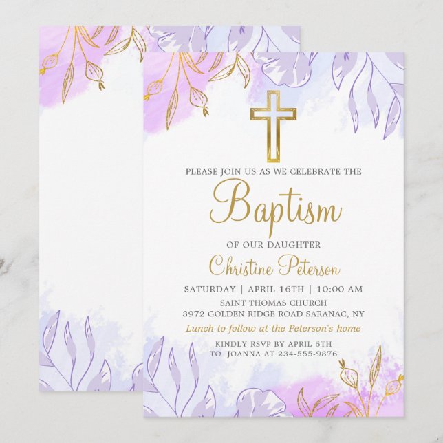 Elegant Pastel Purple Gold Floral Girl Baptism Invitation (Front/Back)