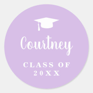 Elegant Pastel Purple Script Name Graduation Cap Classic Round Sticker