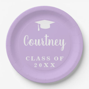 Elegant Pastel Purple Script Name Graduation Cap Paper Plate