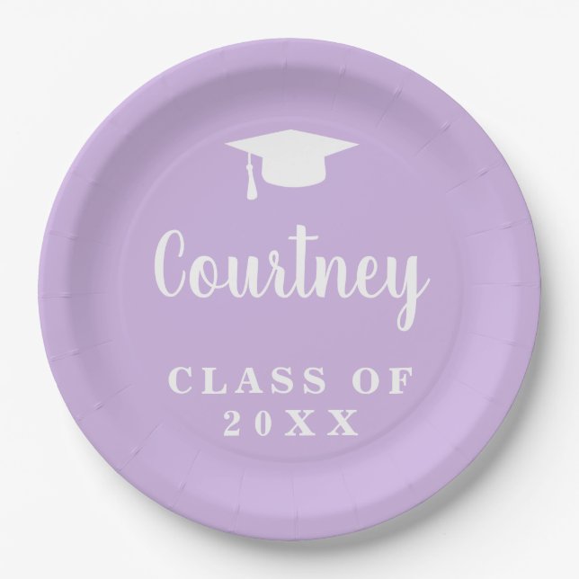 Elegant Pastel Purple Script Name Graduation Cap Paper Plate (Front)