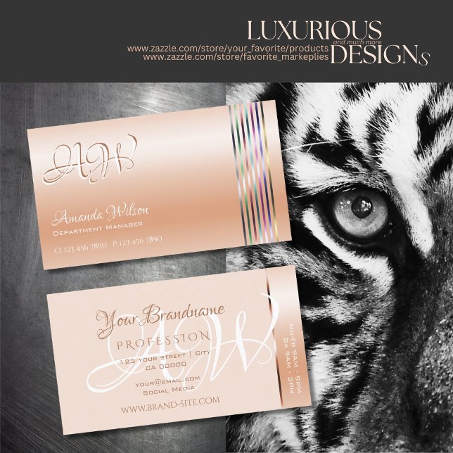 Elegant Pastel Rose Coral Shimmer Stripes Monogram Business Card (Creator Uploaded)
