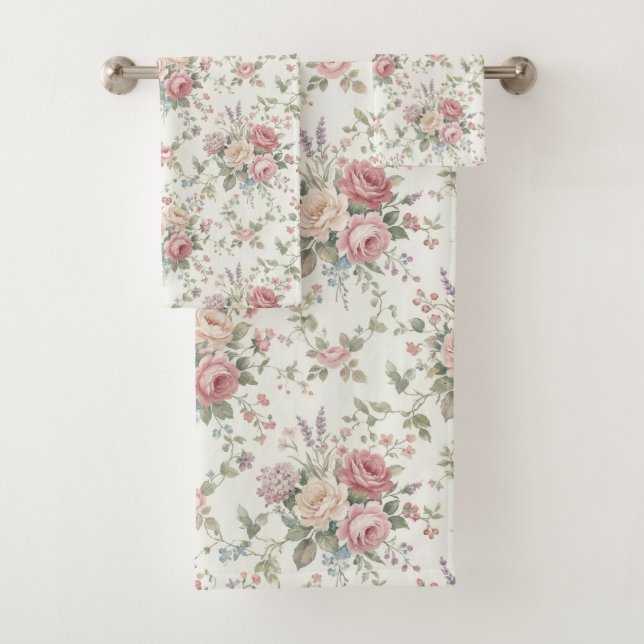 Elegant Pastel Roses Shabby Chic  Bath Towel Set (Insitu)