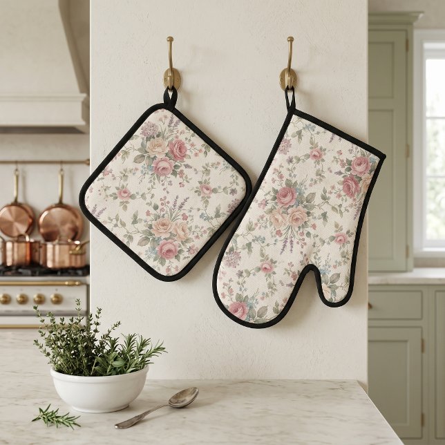 Elegant Pastel Roses Shabby Chic Oven Mitt & Pot Holder Set (Creator Uploaded)