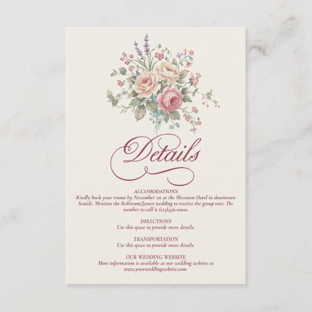 Elegant Pastel Roses Shabby Chic Wedding Enclosure Card (Front)