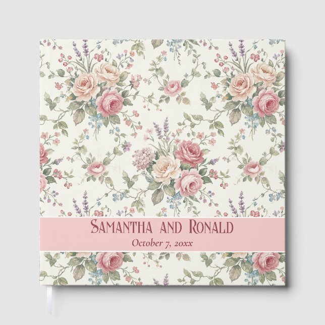 Elegant Pastel Roses Shabby Chic  Wedding Guest Book (Front)