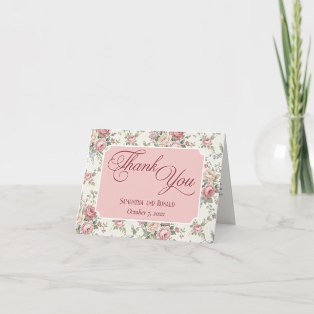 Elegant Pastel Roses Shabby Chic Wedding Thank You Card (Front)