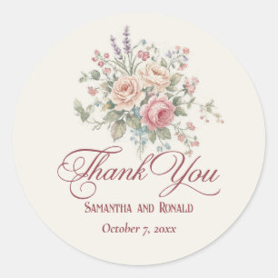 Elegant Pastel Roses Shabby Chic Wedding Thank You Classic Round Sticker