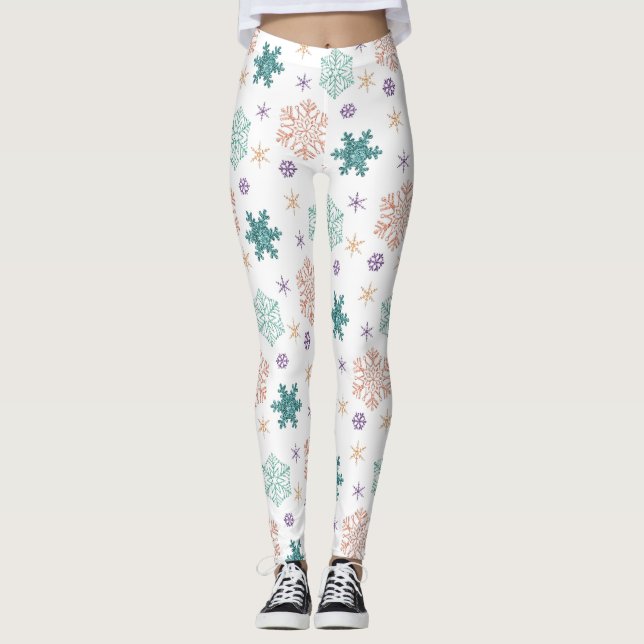 Elegant Pastel Snowflake Pattern Leggings (Front)