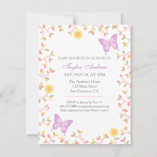 Elegant Pastel Spring Leaves Butterfly Baby Shower Invitation (Front)