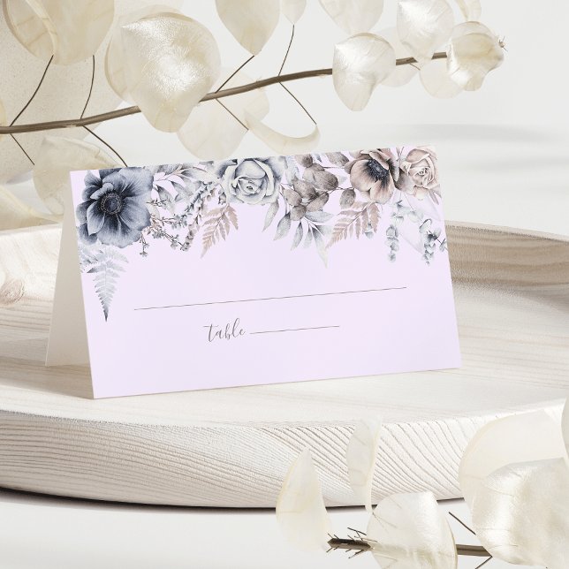 Elegant Pastel Spring Watercolor Flower Wedding Place Card (Elegant Pastel Spring dusky blue, heather lilac, and beige. Watercolor Flower Wedding Place Card)
