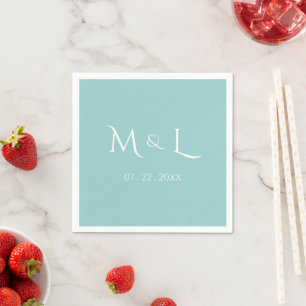 Elegant Pastel Teal White Monogram Date Wedding Napkin