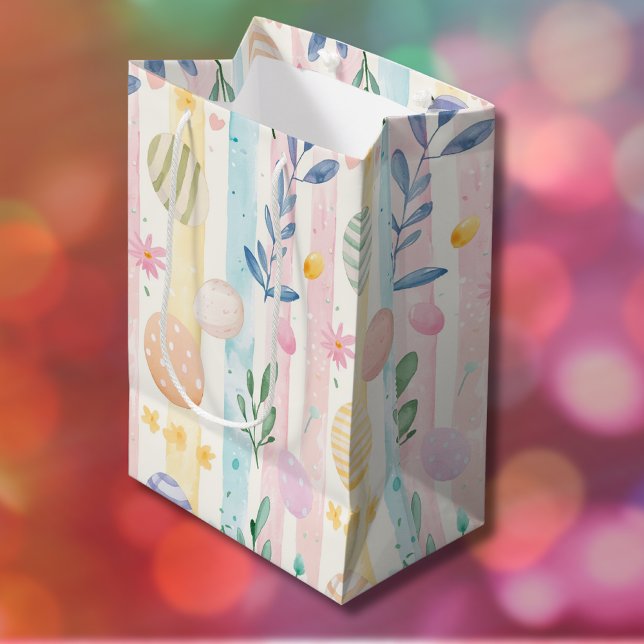 Elegant Pastel Watercolor Easter Stripes Eggs Medium Gift Bag (Creator Uploaded)