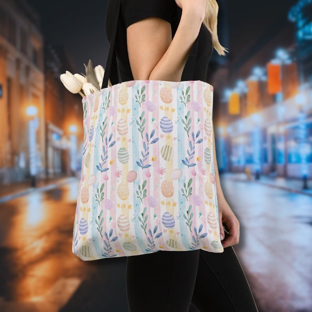 Elegant Pastel Watercolor Easter Stripes Eggs Tote Bag (Creator Uploaded)