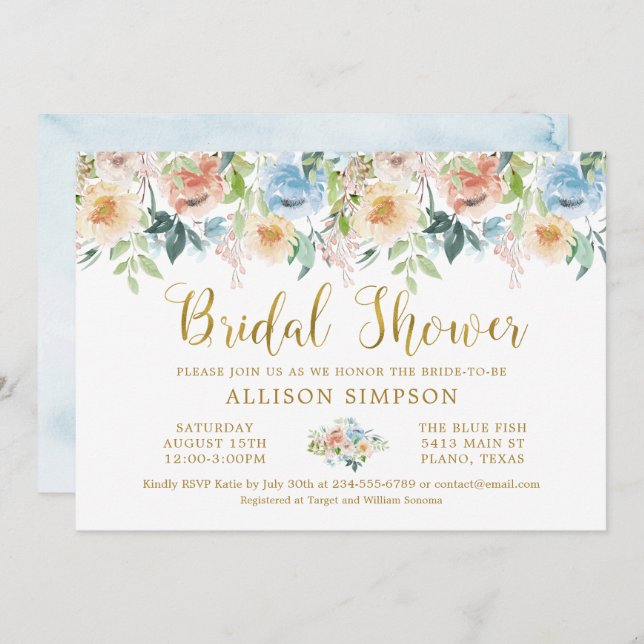 Elegant Pastel Watercolor Floral Bridal Shower Invitation (Front/Back)