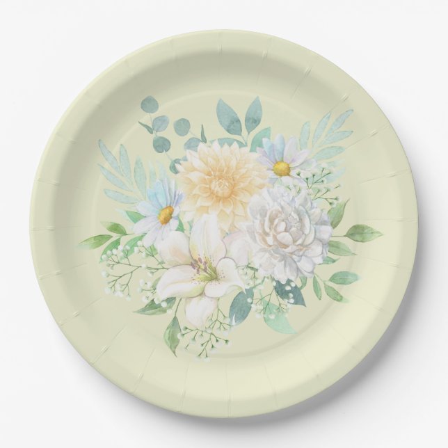 Elegant Pastel Watercolor Floral Garden Flowers Paper Plate (Front)