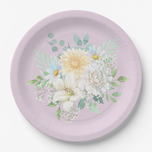 Elegant Pastel Watercolor Floral Garden Flowers Paper Plate (Front)