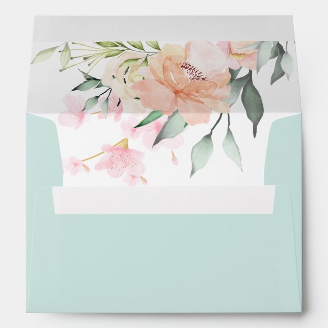 Elegant Pastel Watercolor Floral Mint Green Envelope (Back (Bottom))