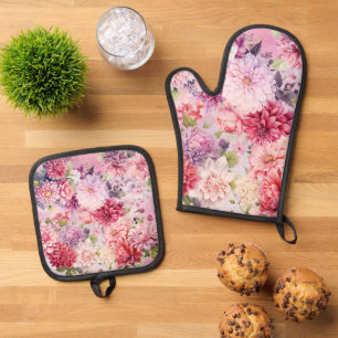 Elegant Pastel Watercolor Flowers Oven Mitt & Pot Holder Set