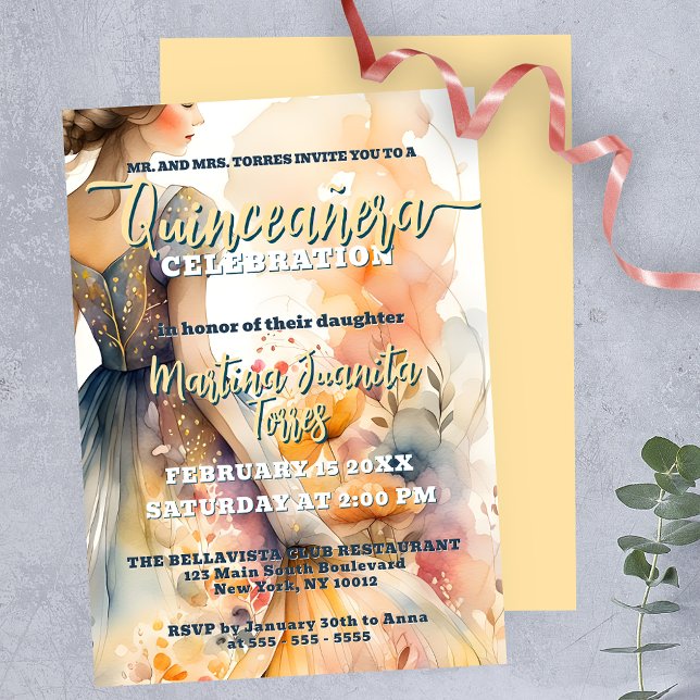 Elegant Pastel Watercolor Quinceañera Celebration Invitation (Creator Uploaded)