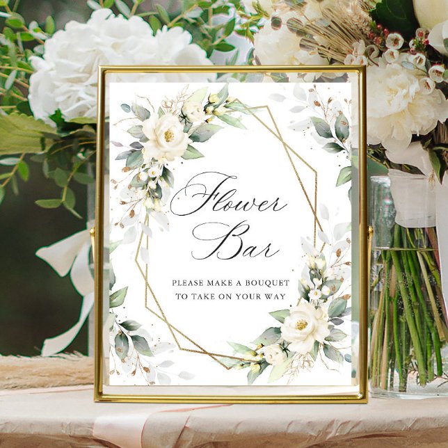 Elegant Pastel White Roses Eucalyptus Flower Bar Poster (Creator Uploaded)