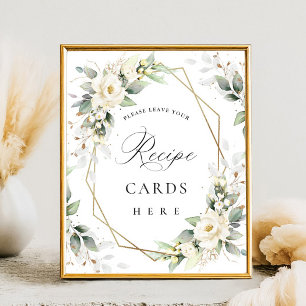 Elegant Pastel White Roses Eucalyptus Recipe Cards Poster