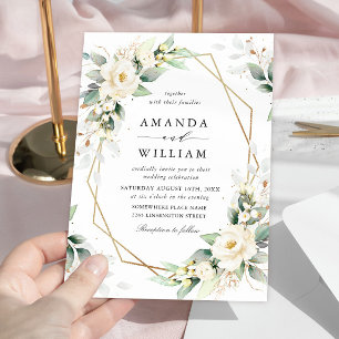 Elegant Pastel White Roses Eucalyptus Wedding Invitation