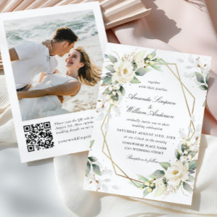 Elegant Pastel White Roses Eucalyptus Wedding Invitation