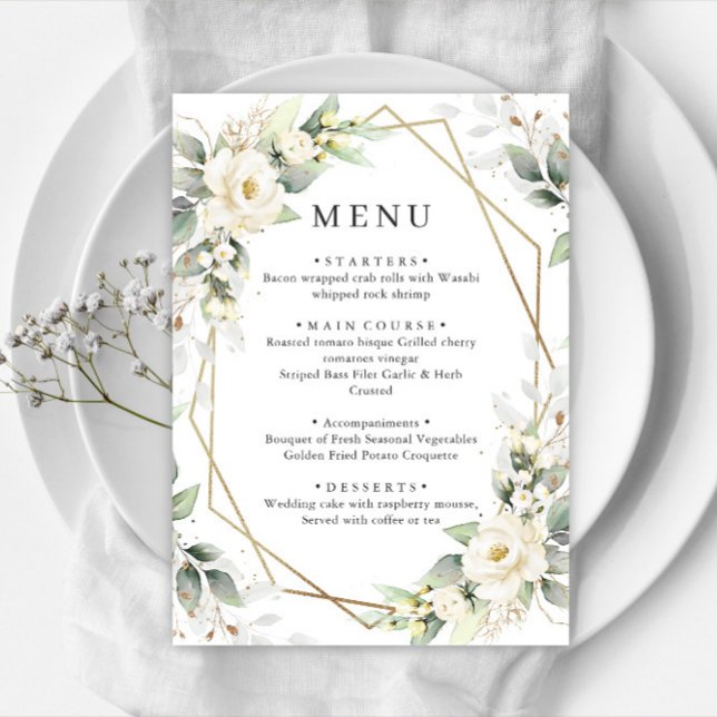 Elegant Pastel White Roses Eucalyptus Wedding Menu (Creator Uploaded)