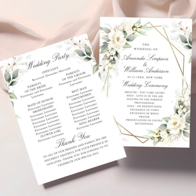 Elegant Pastel White Roses Eucalyptus Wedding Programme (Creator Uploaded)