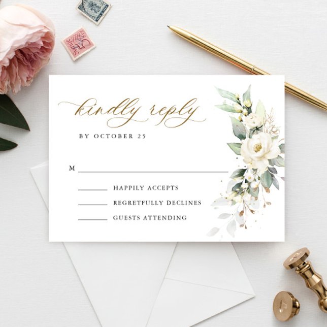 Elegant Pastel White Roses Eucalyptus Wedding RSVP Card (Creator Uploaded)