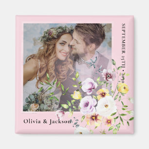 Elegant Pastel Wildflower Frame Bride Groom Photo Magnet