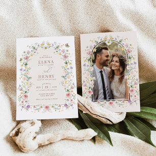 Elegant Pastel Wildflower Garden Wedding Photo Invitation