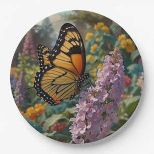Elegant pastel wildflower garden with butterfly paper plate