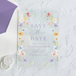 Elegant Pastel Wildflower Wedding Save the Date Acrylic Invitations<br><div class="desc">Announce your wedding with this elegant pastel wildflower acrylic save the date featuring delicate watercolor floral arrangements bordering each side in soft shades of purple, pink, yellow, blue, and white with light greenery. The graceful botanical design pairs beautifully with lavender purple lettering that highlights your names, wedding date, and location....</div>