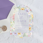 Elegant Pastel Wildflower Wedding Save the Date Acrylic Invitations<br><div class="desc">Announce your wedding with this elegant pastel wildflower arch acrylic save the date featuring a romantic watercolor arch floral frame in soft shades of purple, pink, yellow, blue, and white with delicate greenery. The clear acrylic background gives the design a modern and refined look, while white lettering highlights your names,...</div>