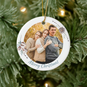 Elegant Pastel Winter Scene Christmas Family Photo Ceramic Tree Decoration