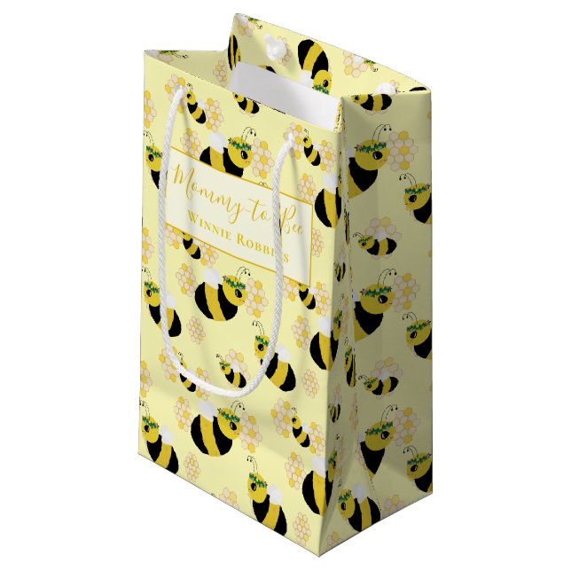 Elegant Pastel Yellow Bee Honeycomb Baby Shower Small Gift Bag (Front Angled)