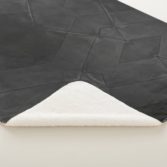Elegant Patchwork Pattern Dark Grey Black Leather Sherpa Blanket (3/4)