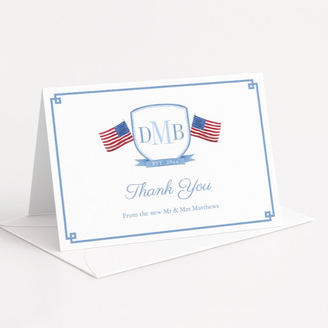 Elegant Patriotic Couples Monogram Wedding Thank You Card (Patriotice three letter triple monogram crest wedding thank you card design with USA flags)
