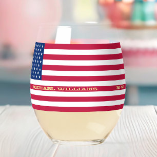 Elegant Patriotic USA American Flag Personalized Stemless Wine Glass