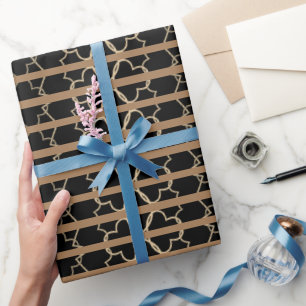 Elegant Pattern Black Brown Gold Trellis Striped Wrapping Paper