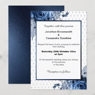 ELEGANT PATTERN BOUQUET FLORAL NAVY WEDDING INVITATION