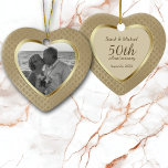 Elegant Pattern Golden Anniversary Ornament<br><div class="desc">This elegant ornament features your special photograph within a shiny gold heart shaped frame against a pretty gold pattern background. The back of the ornament has a heart shaped field with several text fields for you to customise. A beautiful keepsake for that very important Golden Anniversary celebration!</div>
