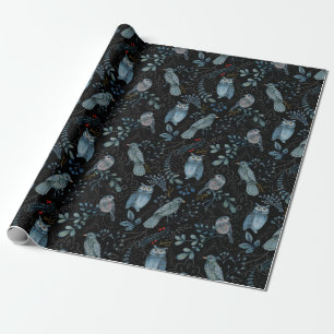 Elegant Pattern Of Blue Birds, Plants On Dark Wrapping Paper